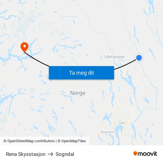 Rena Skysstasjon to Sogndal map