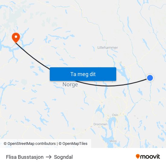 Flisa Busstasjon to Sogndal map