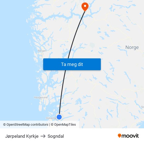 Jørpeland Kyrkje to Sogndal map
