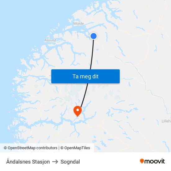 Åndalsnes Stasjon to Sogndal map