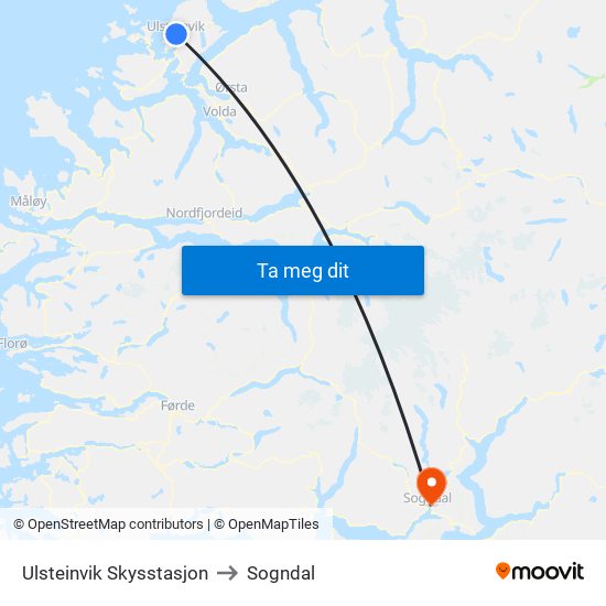 Ulsteinvik Skysstasjon to Sogndal map