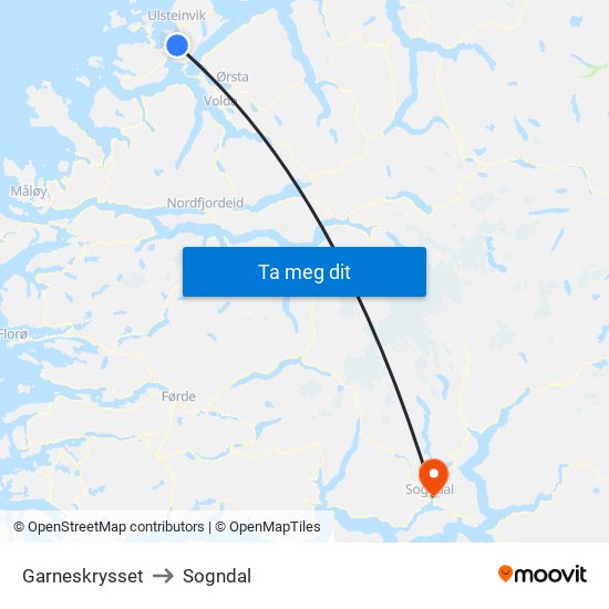 Garneskrysset to Sogndal map