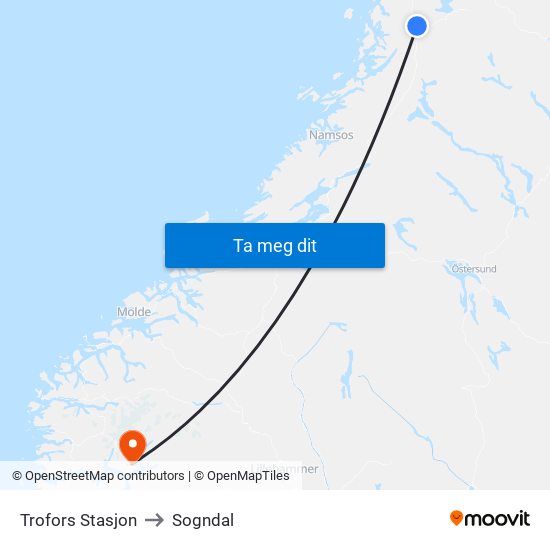 Trofors Stasjon to Sogndal map