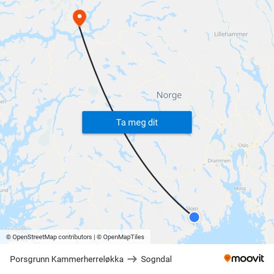 Porsgrunn Kammerherreløkka to Sogndal map