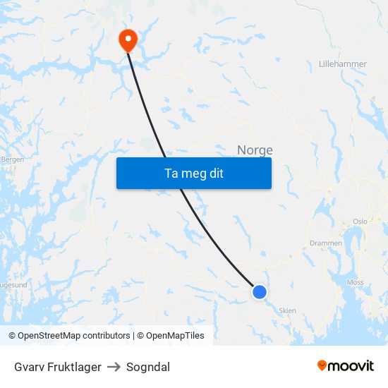 Gvarv Fruktlager to Sogndal map