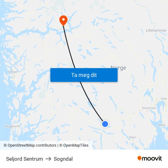 Seljord Sentrum to Sogndal map