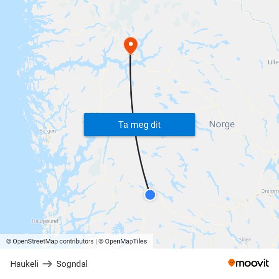 Haukeli to Sogndal map