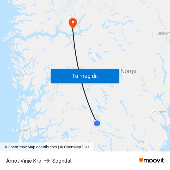 Åmot Vinje Kro to Sogndal map