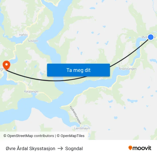 Øvre Årdal Skysstasjon to Sogndal map