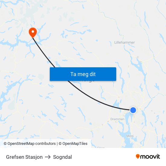 Grefsen Stasjon to Sogndal map