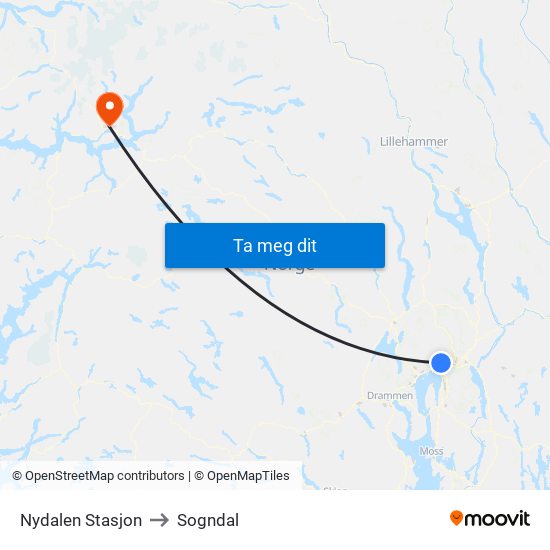 Nydalen Stasjon to Sogndal map