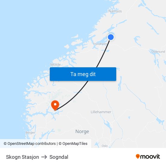Skogn Stasjon to Sogndal map