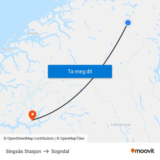Singsås Stasjon to Sogndal map