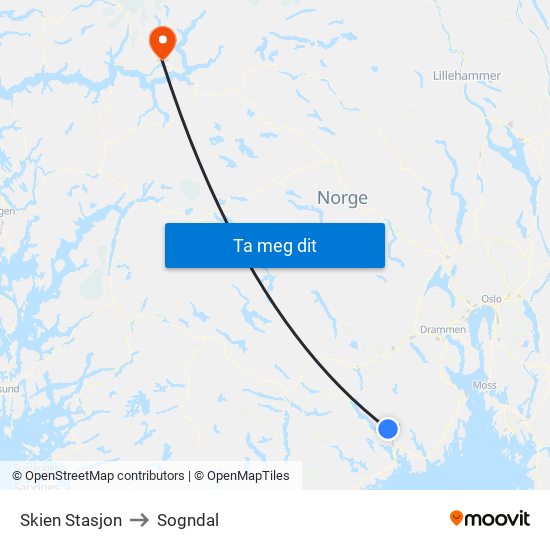 Skien Stasjon to Sogndal map