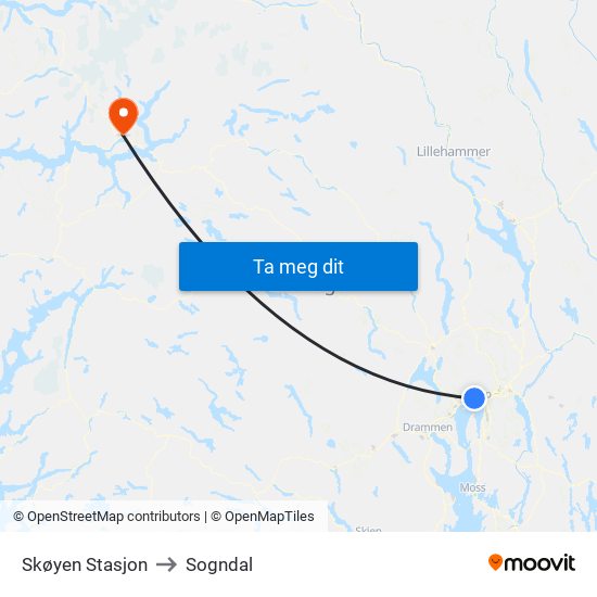 Skøyen Stasjon to Sogndal map