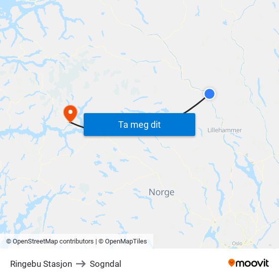 Ringebu Stasjon to Sogndal map
