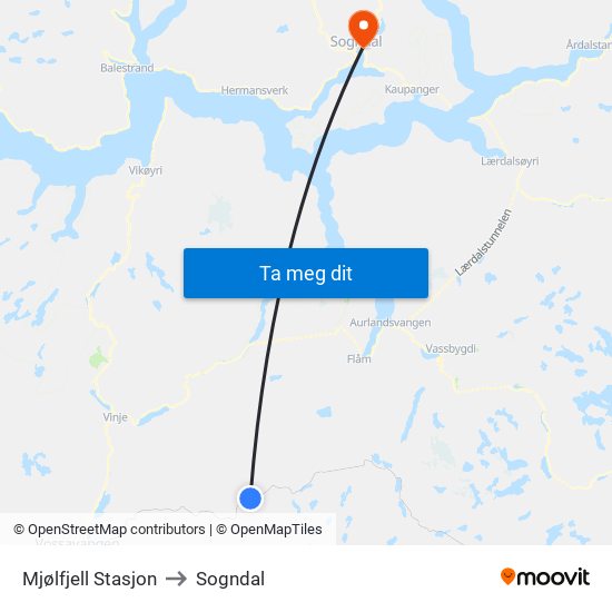 Mjølfjell Stasjon to Sogndal map