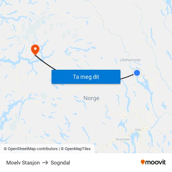 Moelv Stasjon to Sogndal map