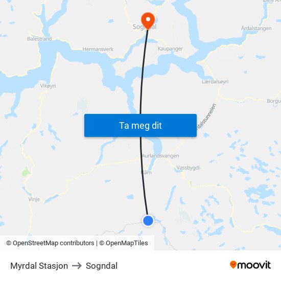 Myrdal Stasjon to Sogndal map