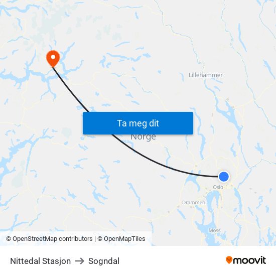Nittedal Stasjon to Sogndal map