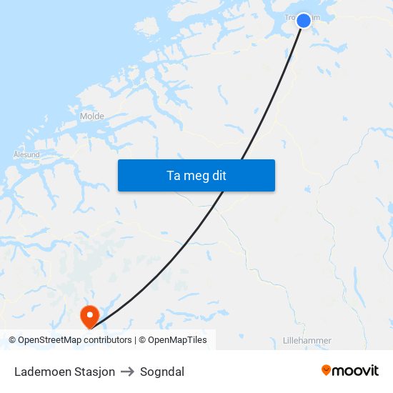 Lademoen Stasjon to Sogndal map