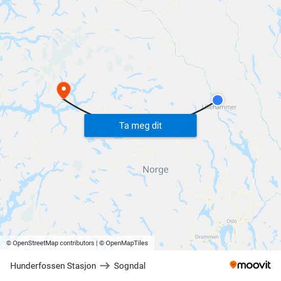Hunderfossen Stasjon to Sogndal map