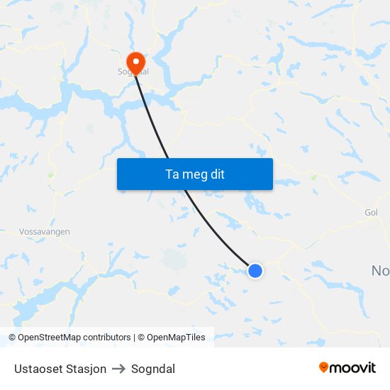 Ustaoset Stasjon to Sogndal map