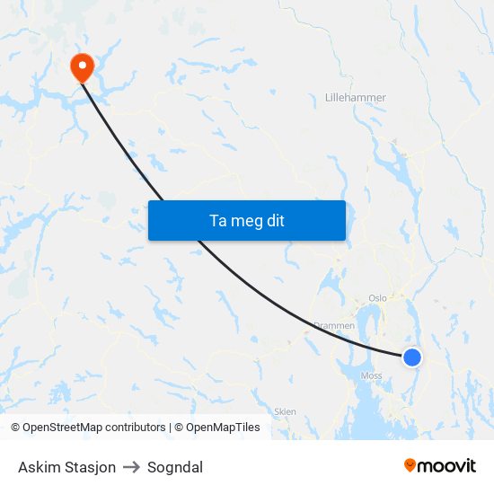 Askim Stasjon to Sogndal map