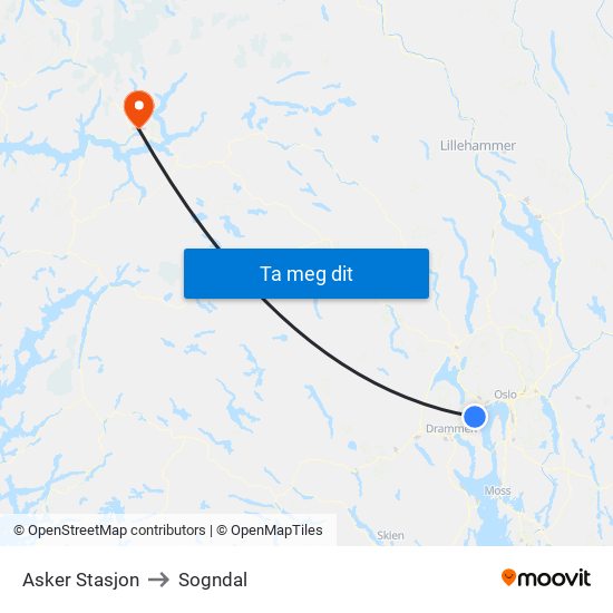 Asker Stasjon to Sogndal map