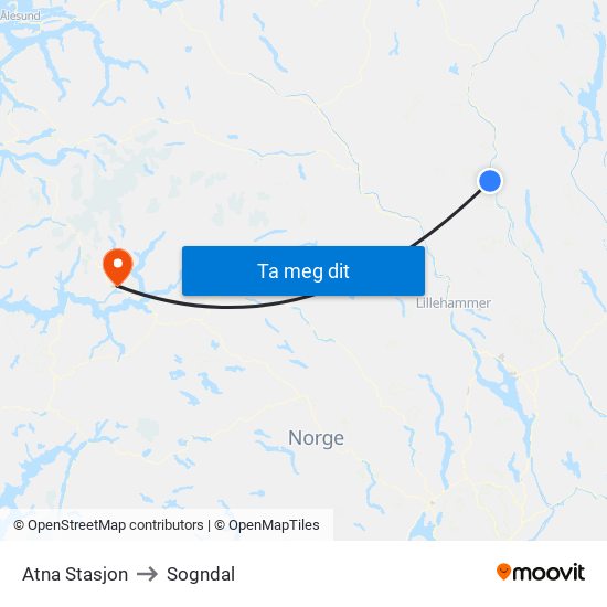 Atna Stasjon to Sogndal map