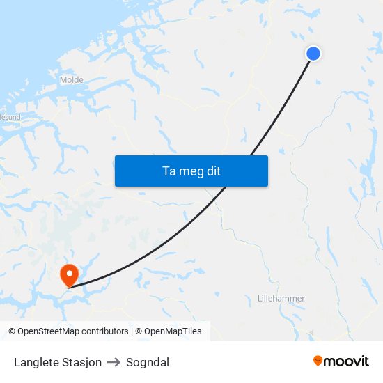 Langlete Stasjon to Sogndal map