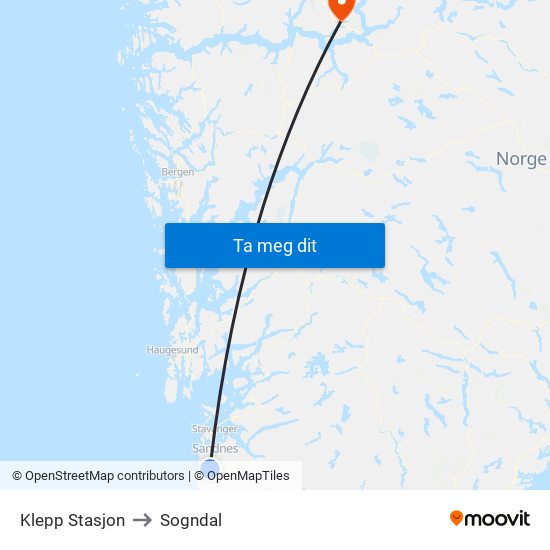 Klepp Stasjon to Sogndal map