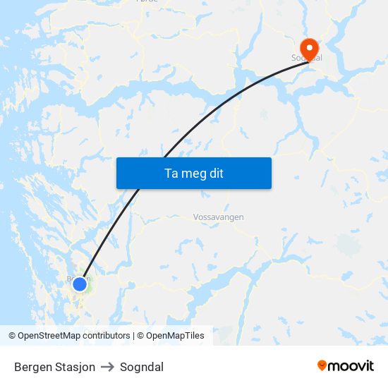 Bergen Stasjon to Sogndal map