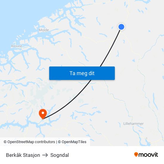 Berkåk Stasjon to Sogndal map