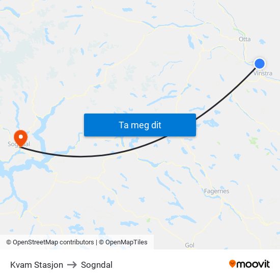 Kvam Stasjon to Sogndal map