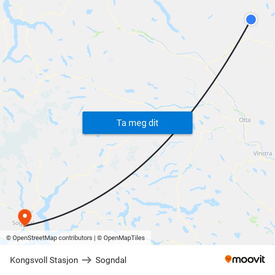 Kongsvoll Stasjon to Sogndal map