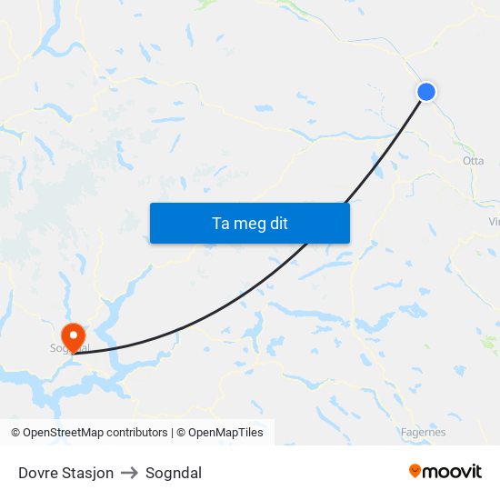 Dovre Stasjon to Sogndal map