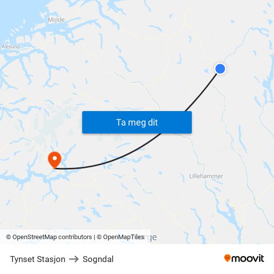 Tynset Stasjon to Sogndal map