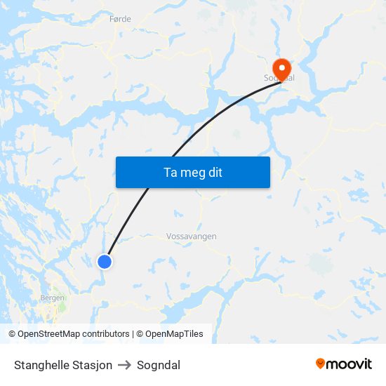Stanghelle Stasjon to Sogndal map