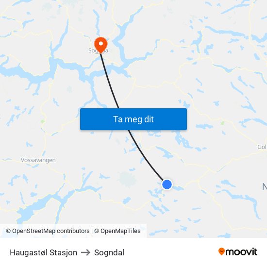 Haugastøl Stasjon to Sogndal map