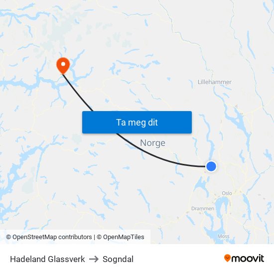 Hadeland Glassverk to Sogndal map