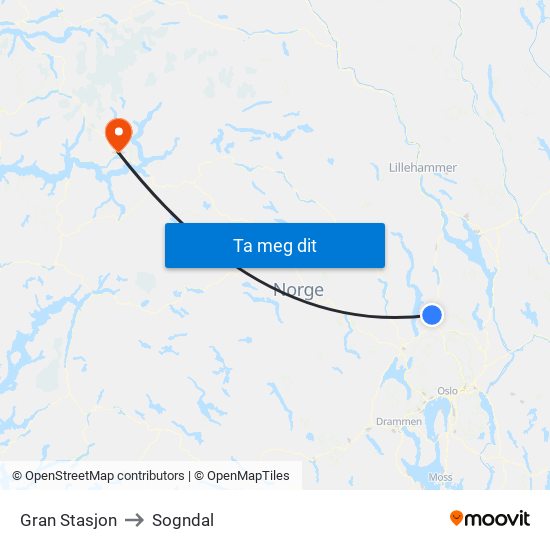 Gran Stasjon to Sogndal map