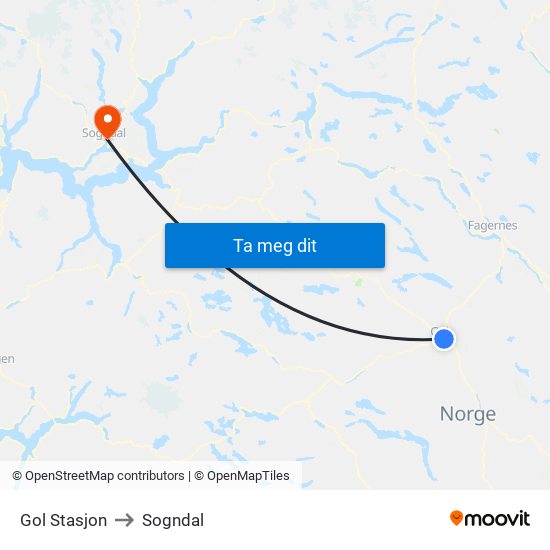 Gol Stasjon to Sogndal map