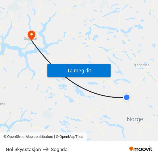 Gol Skysstasjon to Sogndal map