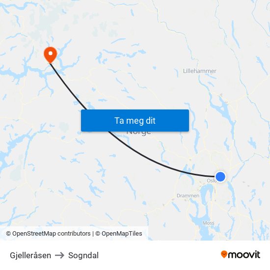 Gjelleråsen to Sogndal map