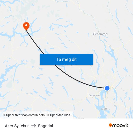 Aker Sykehus to Sogndal map