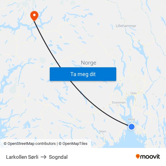 Larkollen Sørli to Sogndal map