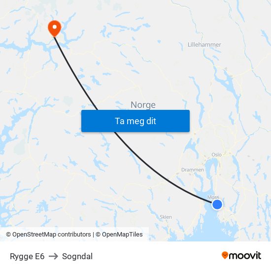 Rygge E6 to Sogndal map