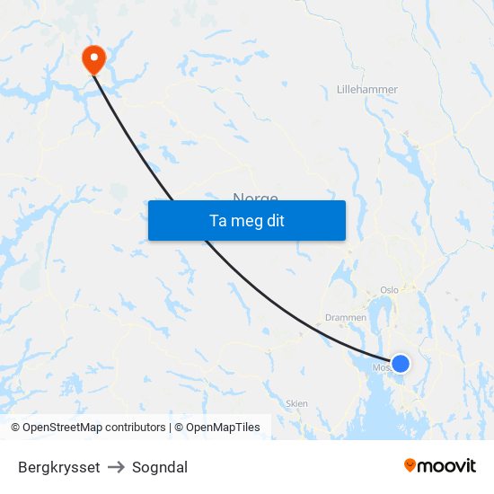 Bergkrysset to Sogndal map