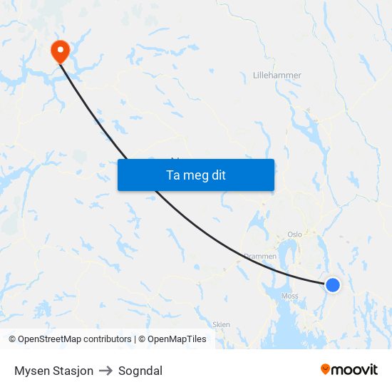 Mysen Stasjon to Sogndal map